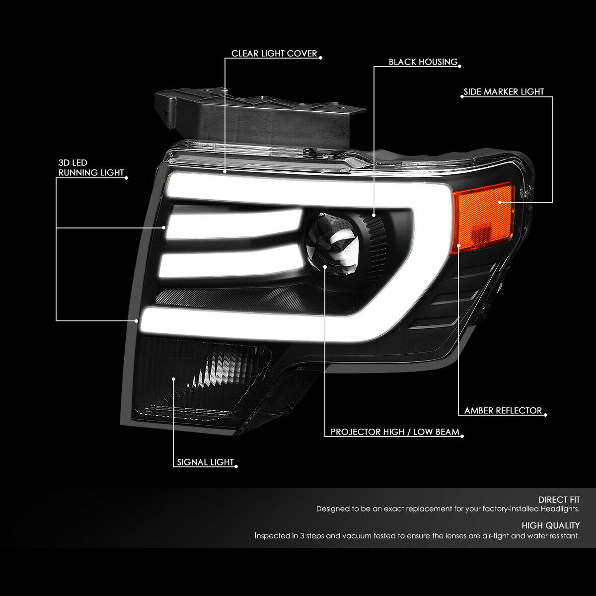 For 2009-2014 Ford F150 3D LED DRL Tube Bar Projector Headlight Head Lamps Black