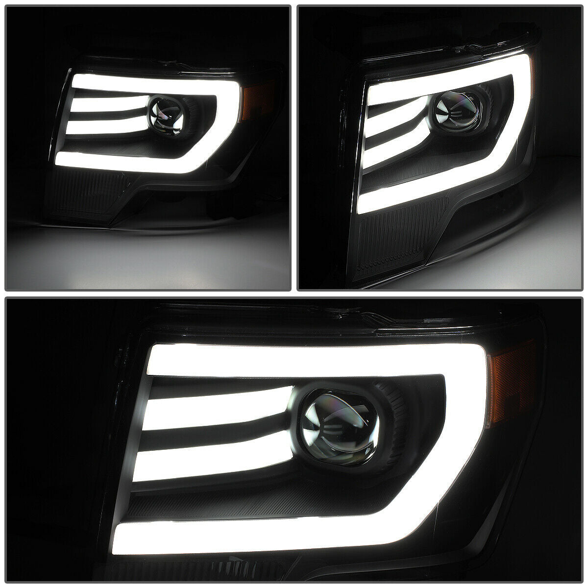 For 2009-2014 Ford F150 3D LED DRL Tube Bar Projector Headlight Head Lamps Black
