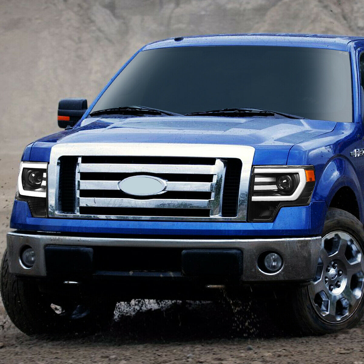 For 2009-2014 Ford F150 3D LED DRL Tube Bar Projector Headlight Head Lamps Black
